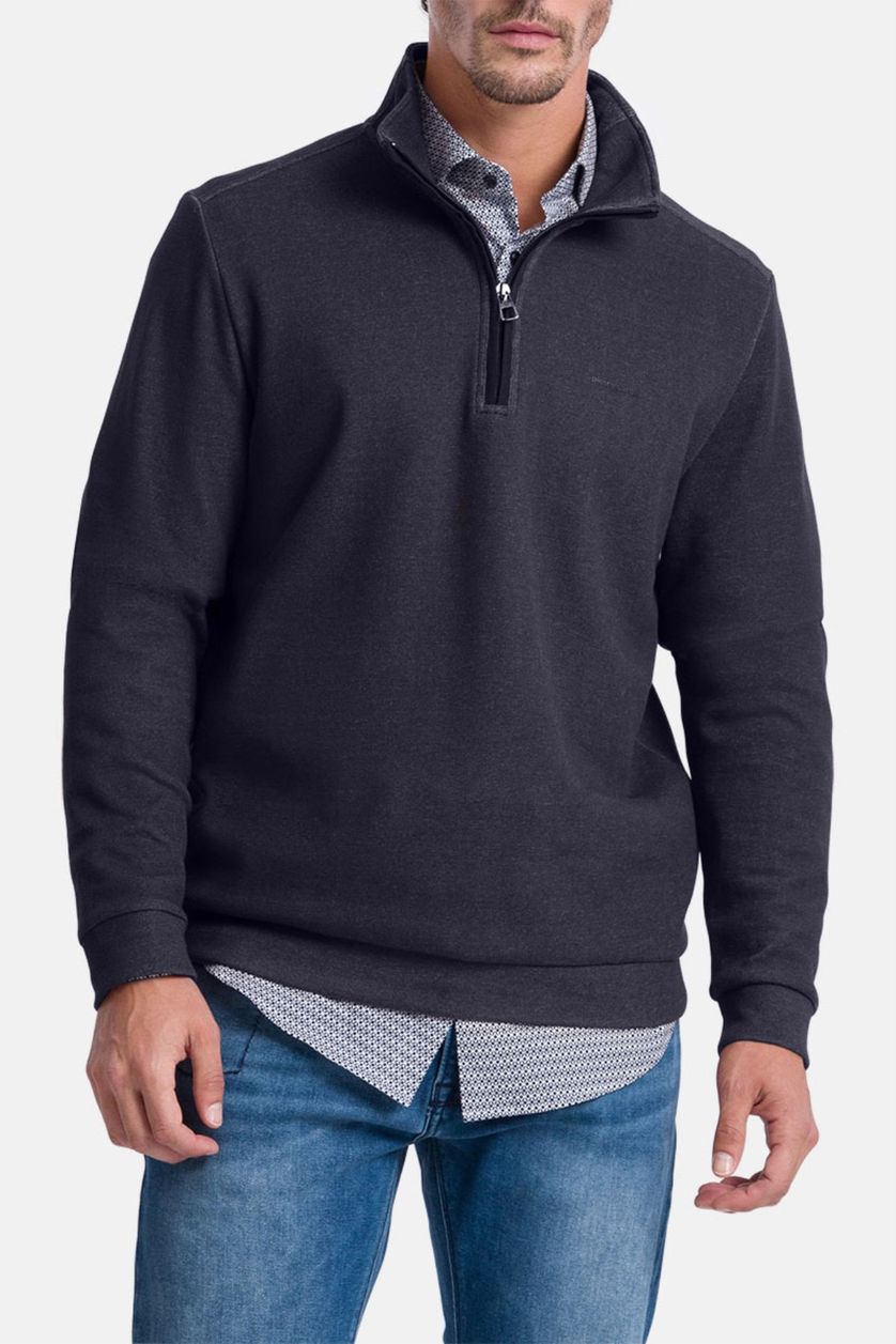 Pierre Cardin sweater donkerblauw effen katoen opstaande kraag 