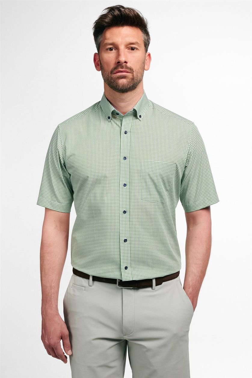 Eterna overhemd korte mouw Modern Fit groen geruit katoen normale fit