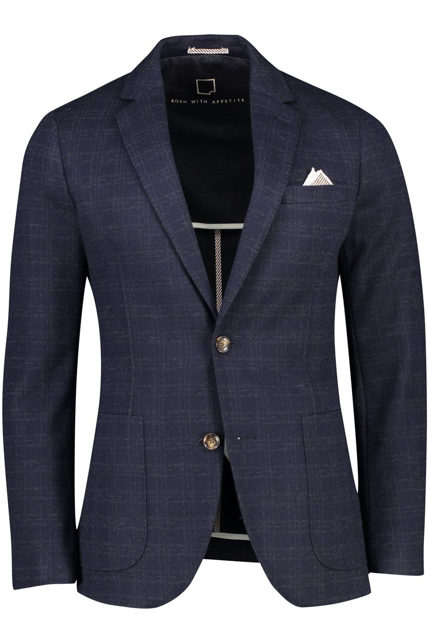 Born With Appetite colbert wol slim fit donkerblauw geruit
