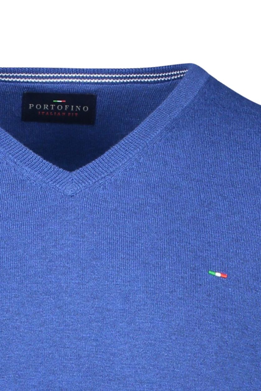 Blauwe Portofino trui uni met logo katoen v-hals 