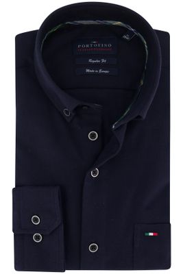 Portofino Portofino overhemd donkerblauw effen katoen normale fit met logo
