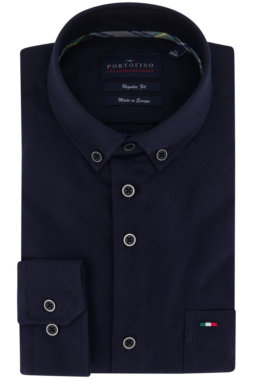 Portofino overhemd donkerblauw effen katoen normale fit met logo