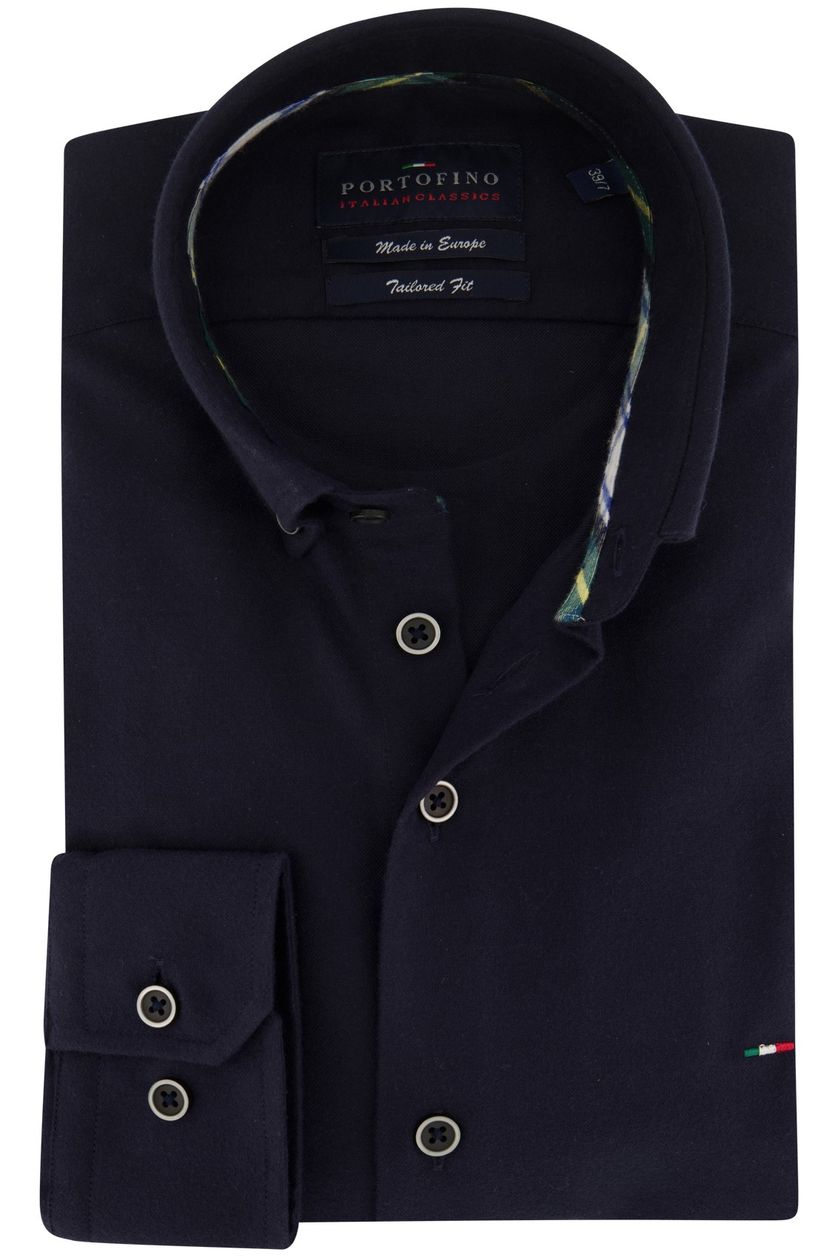 Portofino casual overhemd mouwlengte 7 donkerblauw effen katoen normale fit