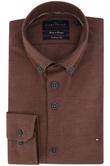 casual overhemd mouwlengte 7 Portofino bruin effen katoen normale fit 