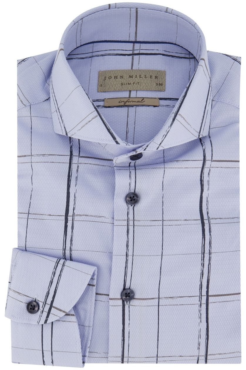 John Miller business overhemd slim fit blauw geruit katoen