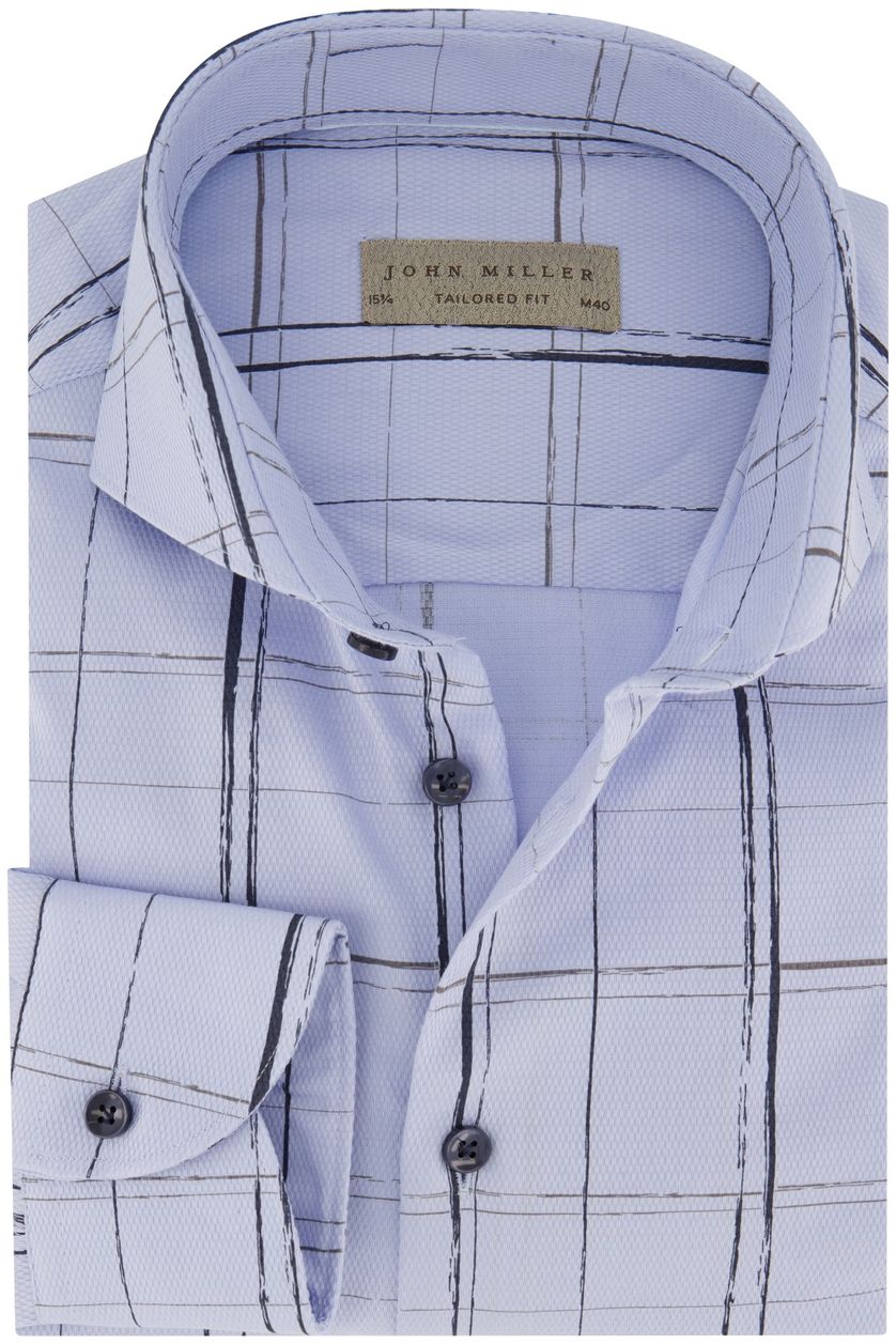 John Miller casual overhemd mouwlengte 7 John Miller Tailored Fit normale fit blauw geruit katoen