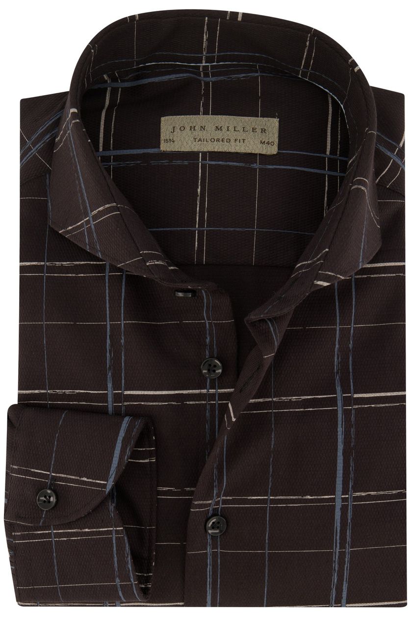 John Miller overhemd mouwlengte 7 John Miller Tailored Fit normale fit bruin geruit katoen