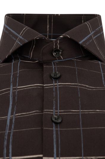 John Miller overhemd mouwlengte 7 John Miller Tailored Fit normale fit bruin geruit katoen
