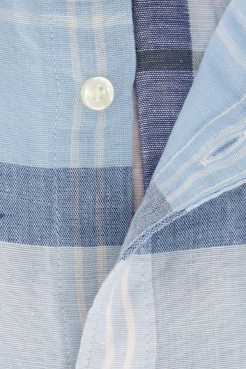 Barbour casual overhemd korte mouw tailored fit blauw geruit linnen button down