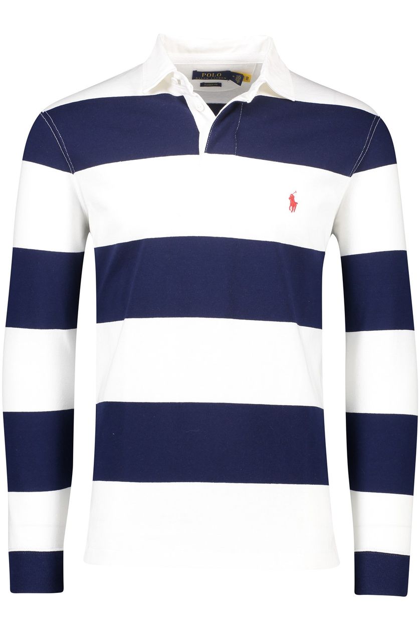 Polo Ralph Lauren trui donkerblauw/wit  gestreept katoen rugby 3 knoops