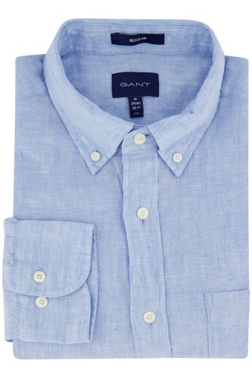 Gant casual overhemd normale fit blauw effen linnen