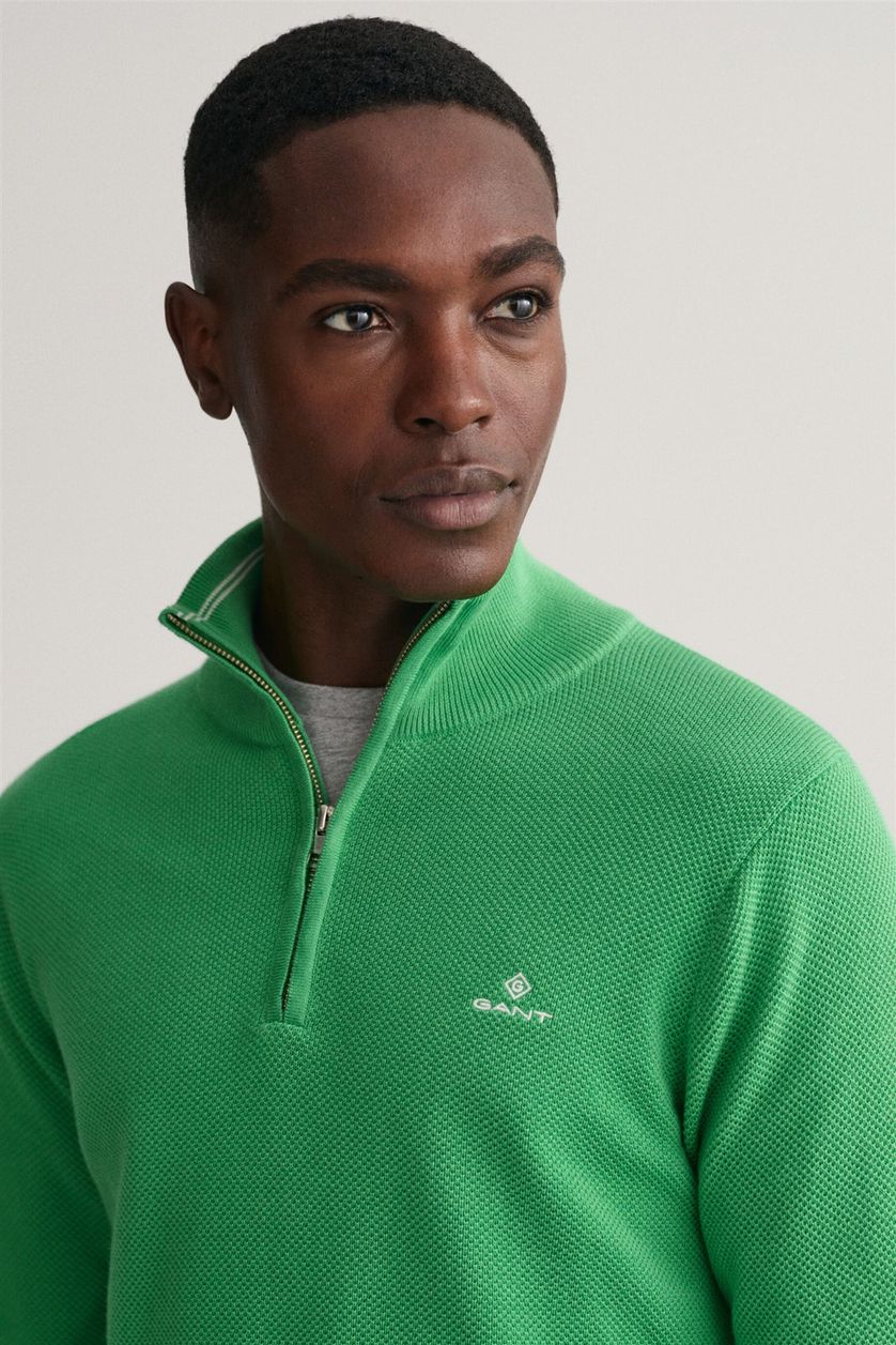 Gant trui groen effen katoen opstaande kraag met logo