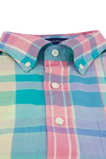 Gant casual overhemd korte mouw normale fit roze met blauw geruit katoen