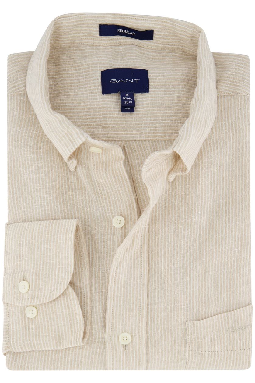 Gant casual overhemd normale fit beige gestreept 100% linnen