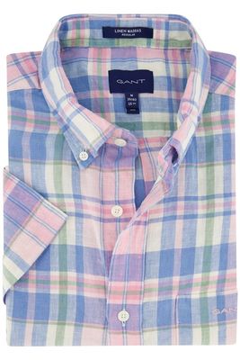 Gant Gant casual overhemd korte mouw normale fit roze en blauw geruit linnen