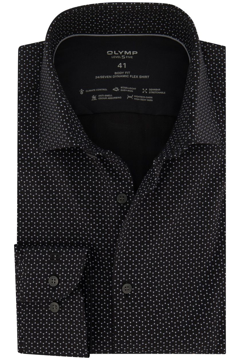 Olymp casual overhemd Level Five zwart geprint katoen extra slim fit wide spread