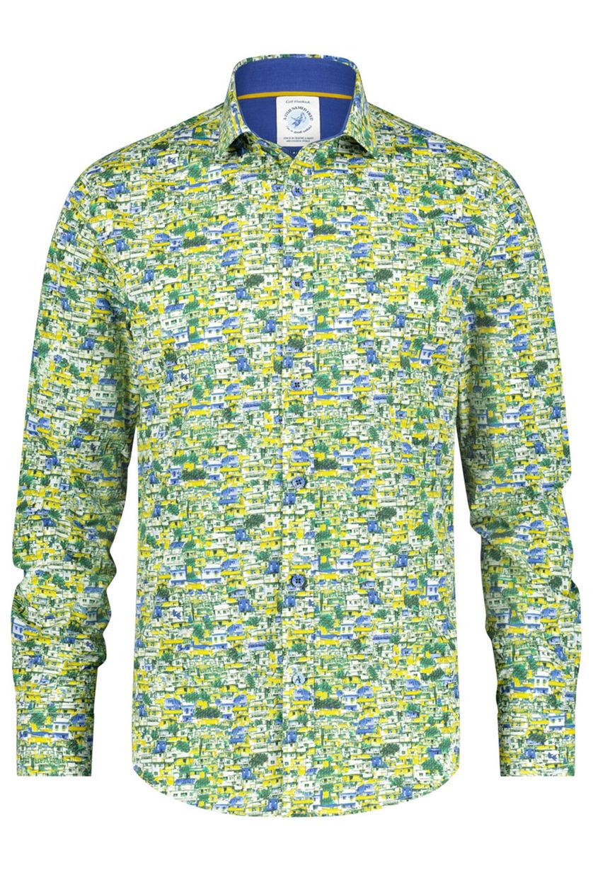 A Fish Named Fred casual overhemd groen geprint katoen-stretch slim fit