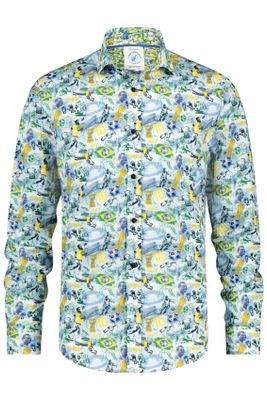 A Fish Named Fred A Fish Named Fred casual overhemd lichtblauw geel geprint katoen slim fit