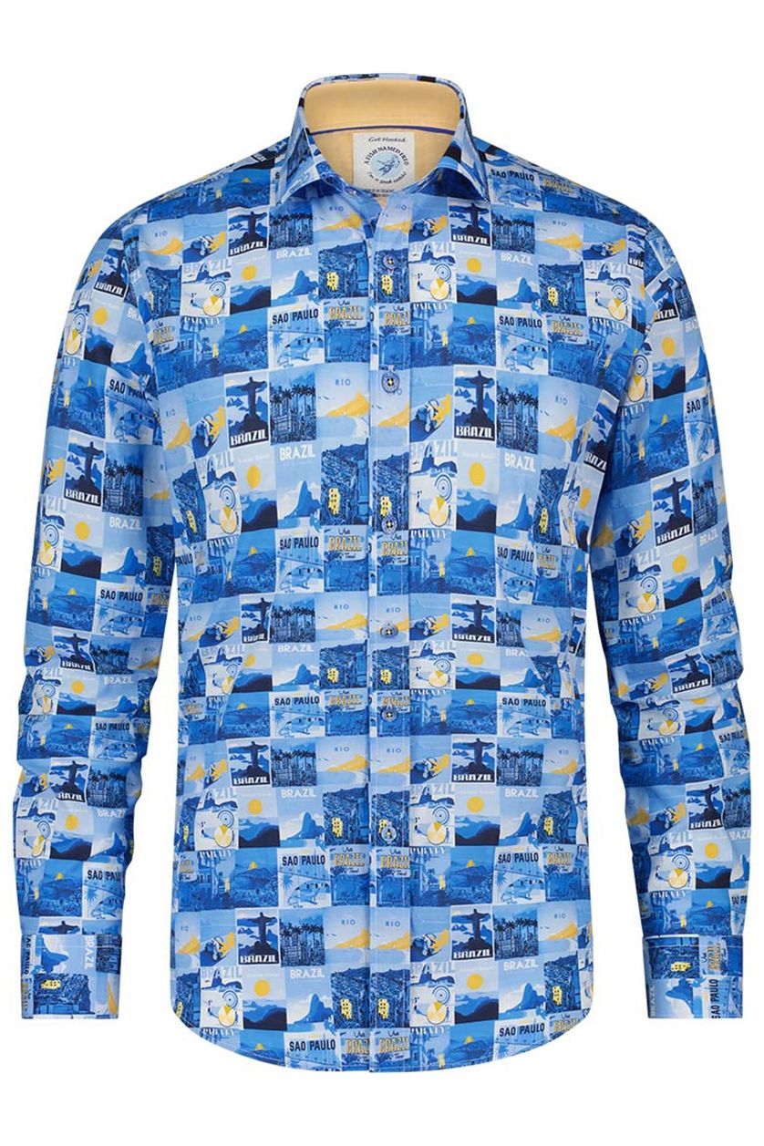 A Fish Named Fred casual overhemd blauw geprint katoen-stretch slim fit
