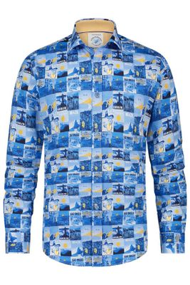 A Fish Named Fred casual overhemd A Fish Named Fred blauw geprint katoen slim fit 