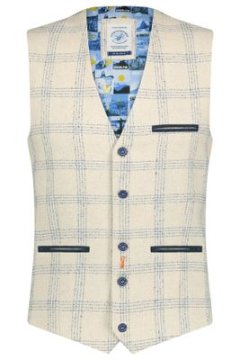 A Fish Named Fred A Fish Named Fred gilet linnen slim fit wit geruit met blauw