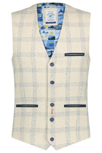 A Fish Named Fred gilet wit met blauw geruit linnen slim fit 