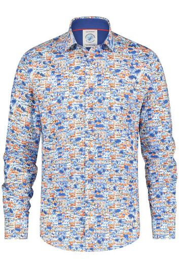 A Fish Named Fred casual overhemd slim fit lichtblauw geprint katoen-stretch
