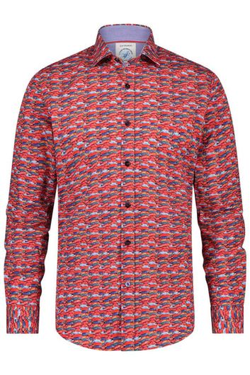 casual overhemd A Fish Named Fred rood geprint katoen slim fit 