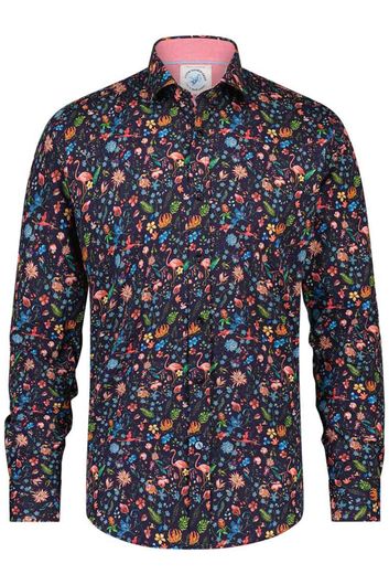 casual overhemd A Fish Named Fred donkerblauw geprint katoen slim fit 