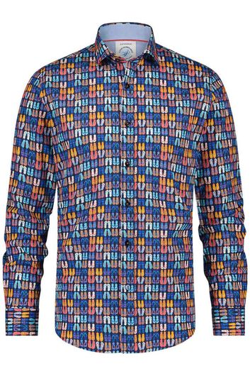casual overhemd A Fish Named Fred blauw geprint katoen slim fit 