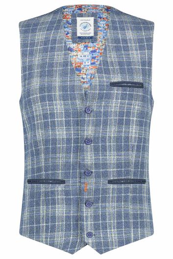 gilet A Fish Named Fred linnen slim fit blauw geruit