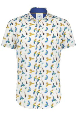 A Fish Named Fred A Fish Named Fred casual overhemd korte mouw slim fit blauw geprint vogels katoen