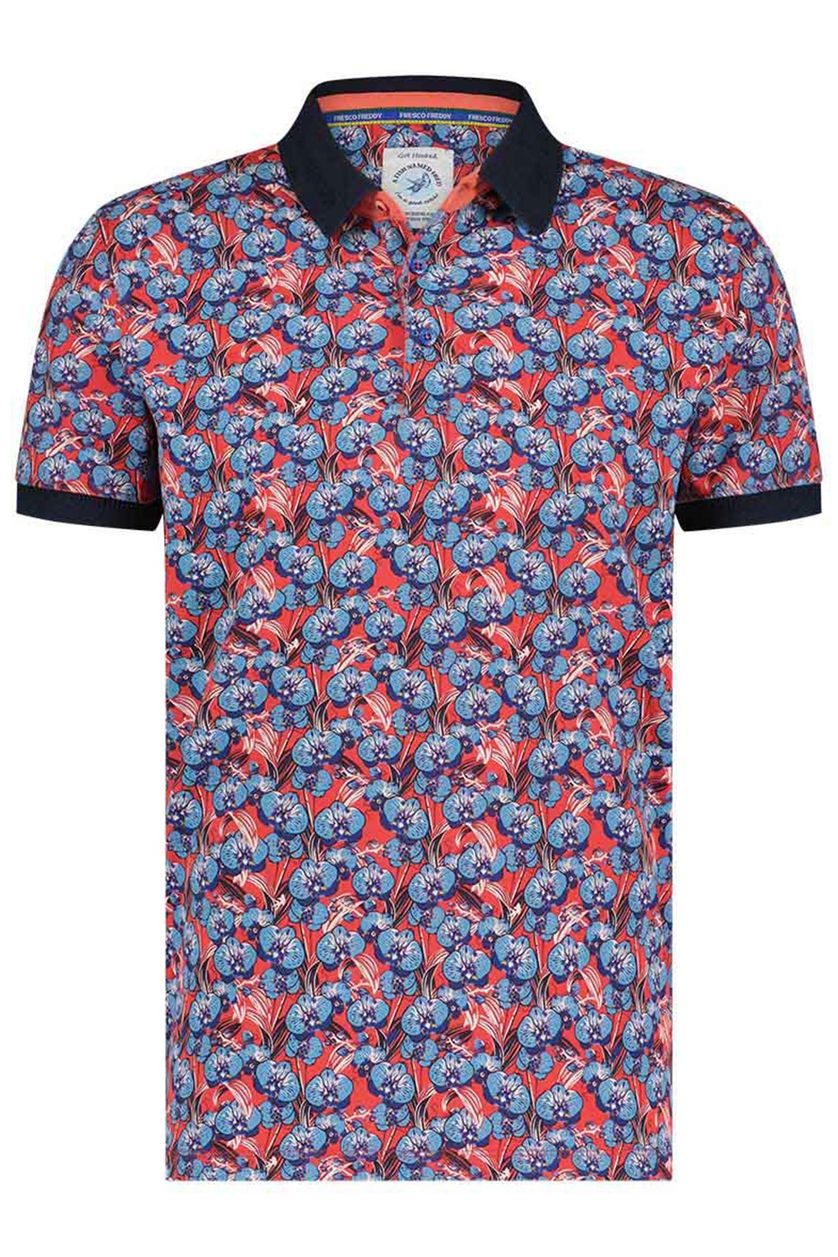 A Fish Named Fred polo rood met blauw geprint slim fit