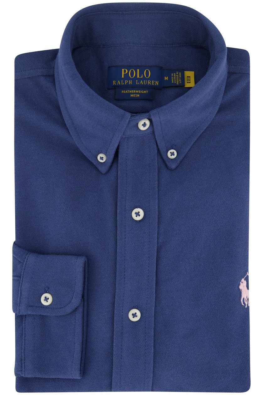 Polo Ralph Lauren casual overhemd blauw effen katoen normale fit met logo