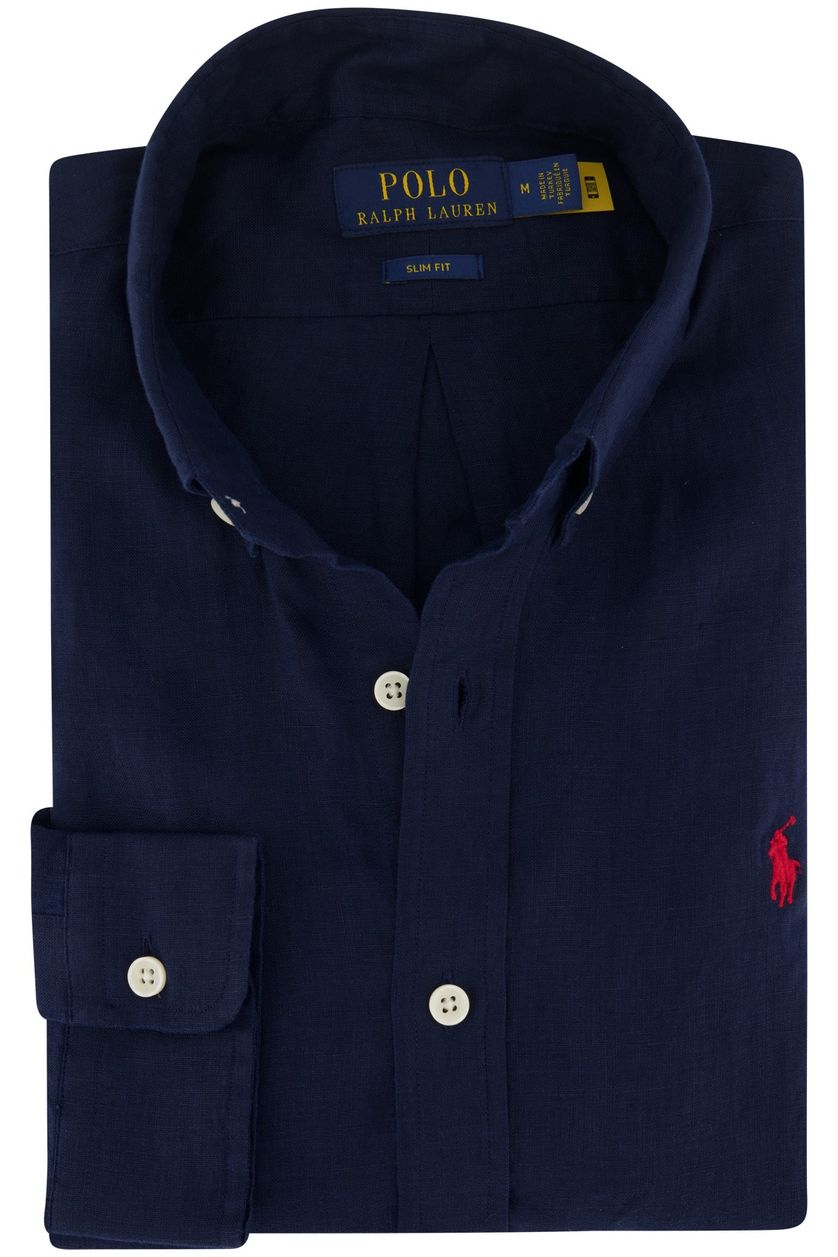 Polo Ralph Lauren casual overhemd donkerblauw effen 100% linnen slim fit