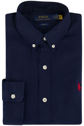 casual overhemd Polo Ralph Lauren donkerblauw effen linnen slim fit 