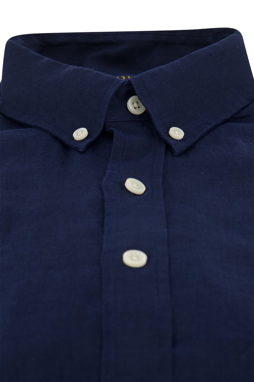 Polo Ralph Lauren casual overhemd donkerblauw effen 100% linnen slim fit
