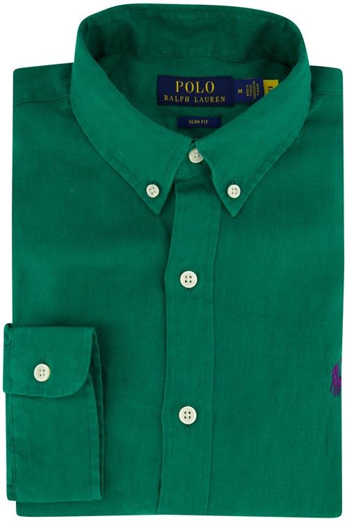 Polo Ralph Lauren casual overhemd Slim Fit groen effen linnen button down boord