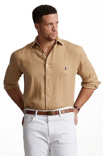 Polo Ralph Lauren Big & Tall overhemd normale fit bruin effen linnen met logo 