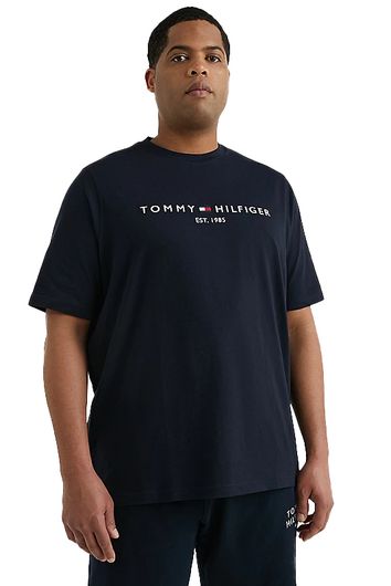 Big & Tall Tommy Hilfiger t-shirt donkerblauw logo ronde hals met opdruk effen 