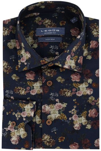 Ledub  overhemd Modern Fit normale fit donkerblauw bloemprint  katoen