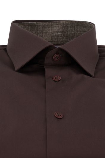 Ledub business overhemd Slim Fit extra slim fit bruin effen semi wide spread boord