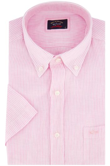 Paul & Shark casual overhemd korte mouw wijde fit roze gestreept 100% linnen