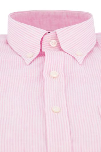 Paul & Shark casual overhemd korte mouw wijde fit roze gestreept 100% linnen