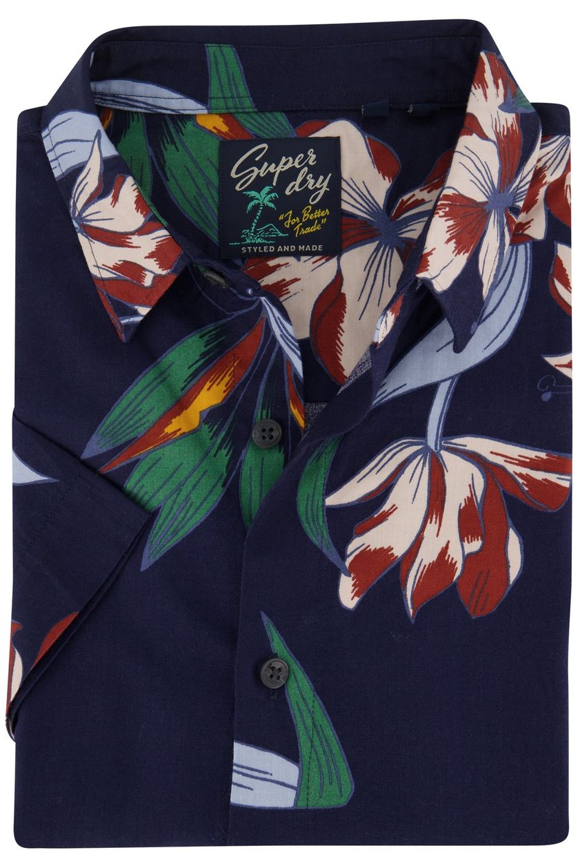 Superdry casual overhemd korte mouw donkerblauw bloemen print slim fit