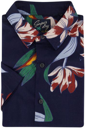 Superdry casual overhemd korte mouw slim fit donkerblauw bloemen print 