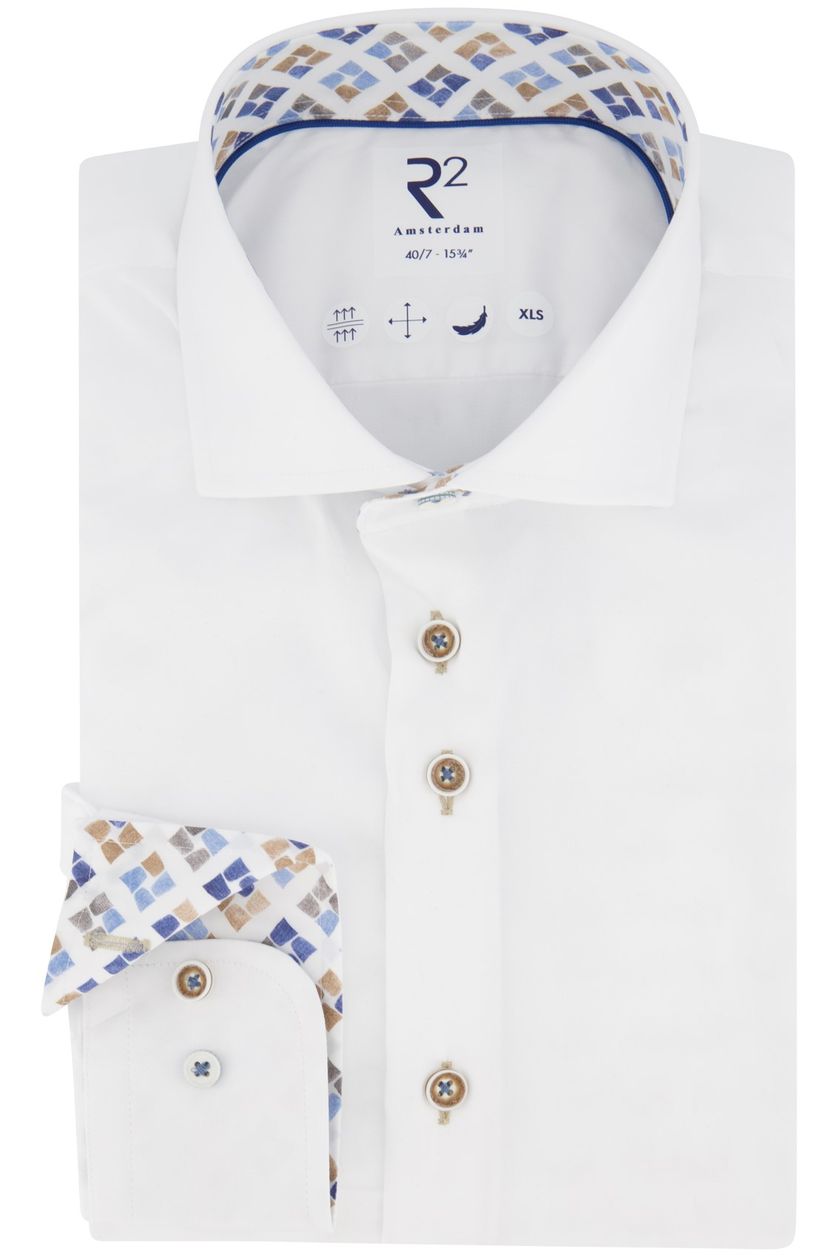 R2 casual overhemd mouwlengte 7 normale fit wit effen geprint detail katoen