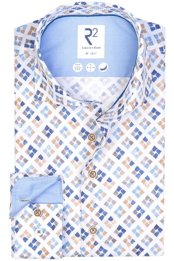 R2 overhemd mouwlengte 7 wit blauw geprint