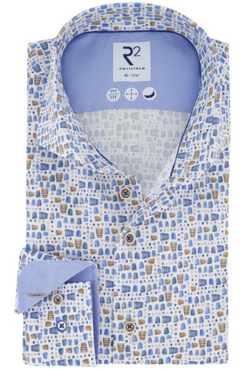 R2 overhemd mouwlengte 7 normale fit blauw geprint katoen