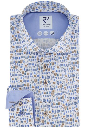 R2 overhemd mouwlengte 7 normale fit blauw geprint katoen
